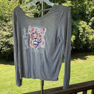 Women’s Femme Royale Open Back L/S Top Shirt Sexy Casual Gray Lioness Graphic S